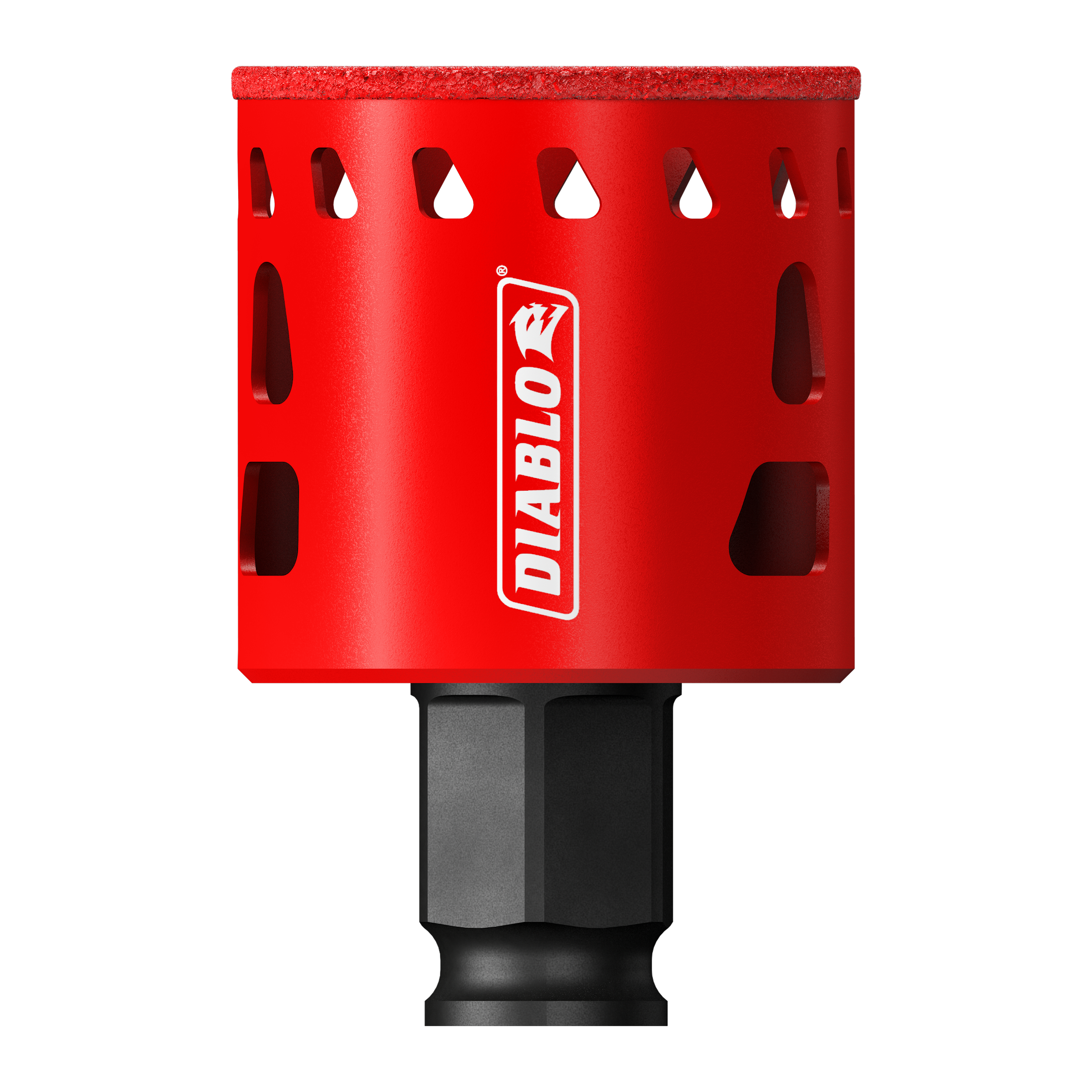 Red diamond grit hole saw with Diablo branding and black hexagonal shank attached.