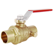 Brass stop and waste valve with red lever handle and sweat connections on both ends.