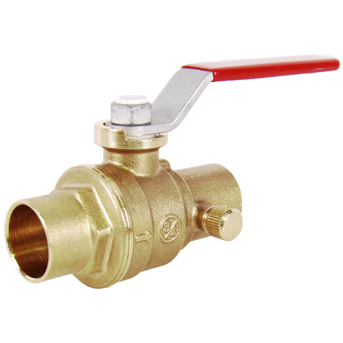 Brass stop and waste valve with red lever handle and sweat connections on both ends.