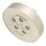 Brushed nickel round shower head with multiple jet ports and mounting hardware visible.