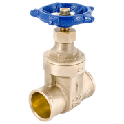 Brass gas ball valve with blue wheel handle and 1/2 inch connection ports.