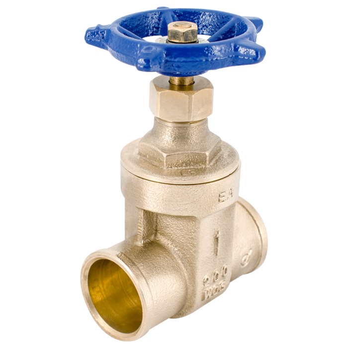 Brass gate valve with blue handwheel and female threaded ports, shown from front angle.