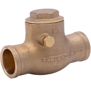 Brass swing check valve with 1/2 inch female NPT connections and hexagonal cap on top.