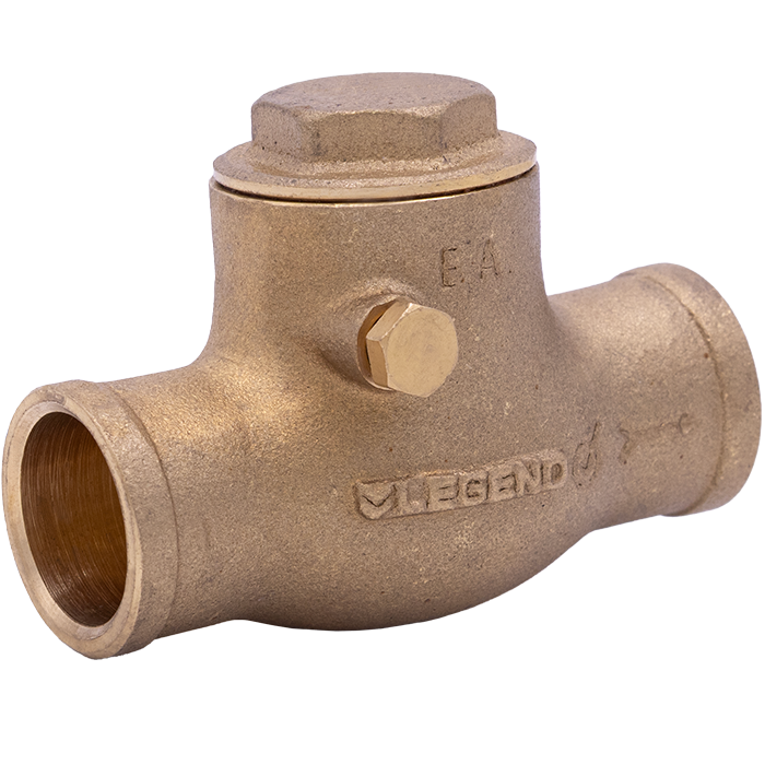 Brass swing check valve with 1/2 inch female NPT connections and hexagonal cap on top.