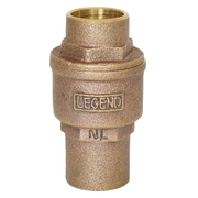 Bronze inline check valve with threaded connections and "Legend" branding on textured body.