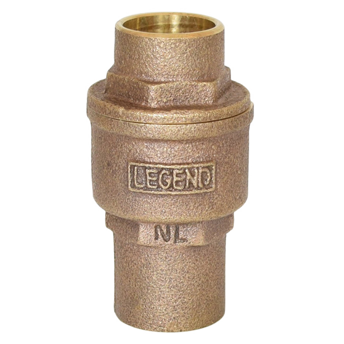 Bronze inline check valve with threaded connections and "Legend" branding on textured body.