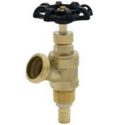 Brass boiler drain valve with black handle and side outlet port.