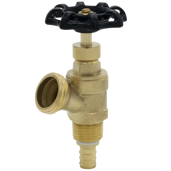 Brass boiler drain valve with black handle and side outlet port.