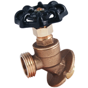 Brass sillcock valve with black butterfly handle and threaded outlet connection.