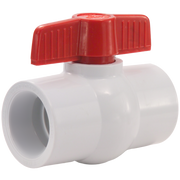 White PVC ball valve with red lever handle and female threaded connections on both ends.