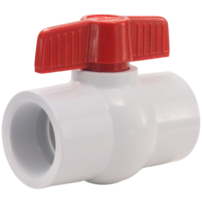 White PVC ball valve with red lever handle and female slip connections on both ends.
