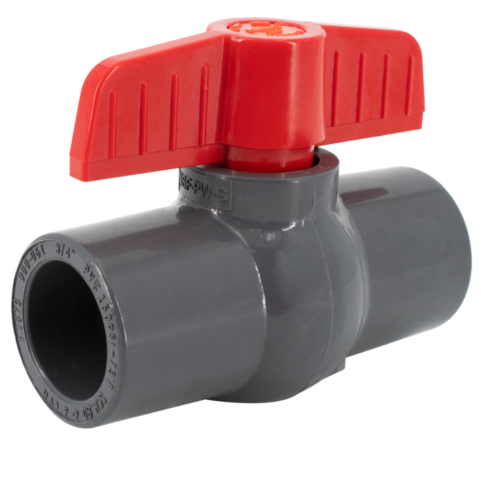 Gray PVC ball valve with red lever handle and slip-fit ends.