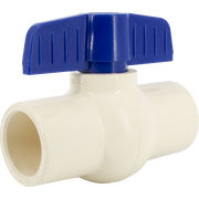 Cream CPVC ball valve with blue lever handle and slip-fit connections.