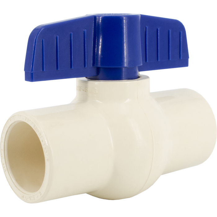 Cream-colored CPVC ball valve with blue lever handle and solvent socket ends.