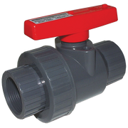Gray PVC ball valve with threaded connections and red lever handle for manual operation.