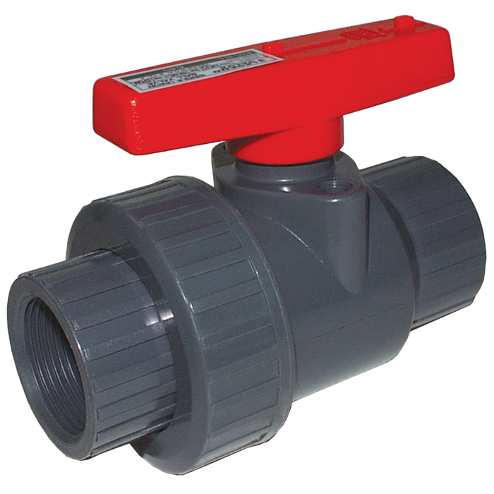 Gray PVC ball valve with threaded connections and red lever handle for manual operation.