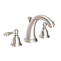 Satin nickel widespread lavatory faucet with curved spout and two lever handles.