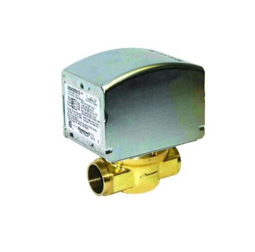 Brass zone valve with metal actuator head and electrical connection terminals.