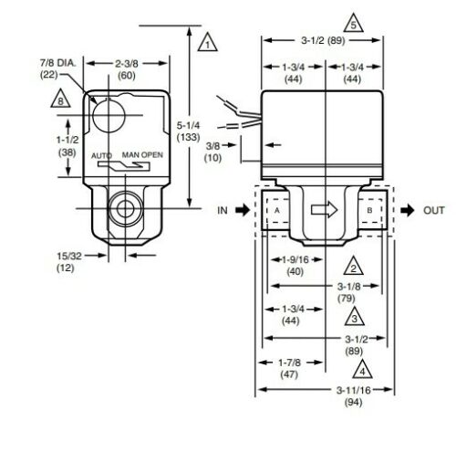 Honeywell V8043F1036 3/4" zone valve with sweat connections and technical dimension schematic diagram.