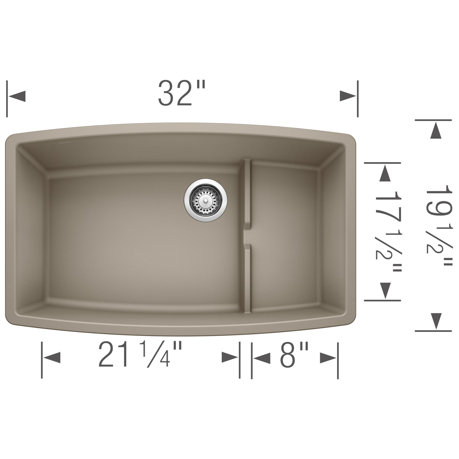 Truffle-colored undermount kitchen sink with two unequal basins, drain strainer, and curved edges, measuring 32" wide.