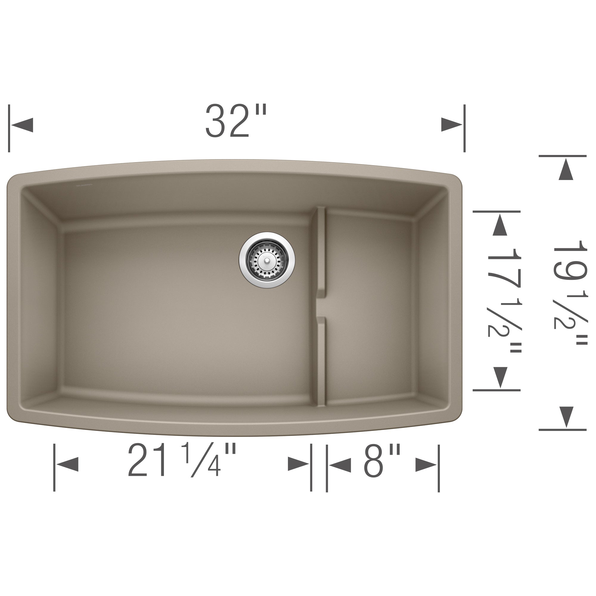 Truffle-colored undermount kitchen sink with two unequal basins, drain strainer, and curved edges, measuring 32" wide.