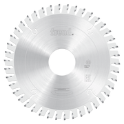 Freud 215mm conical scoring saw blade with silver ICE coating and angled teeth around the perimeter.