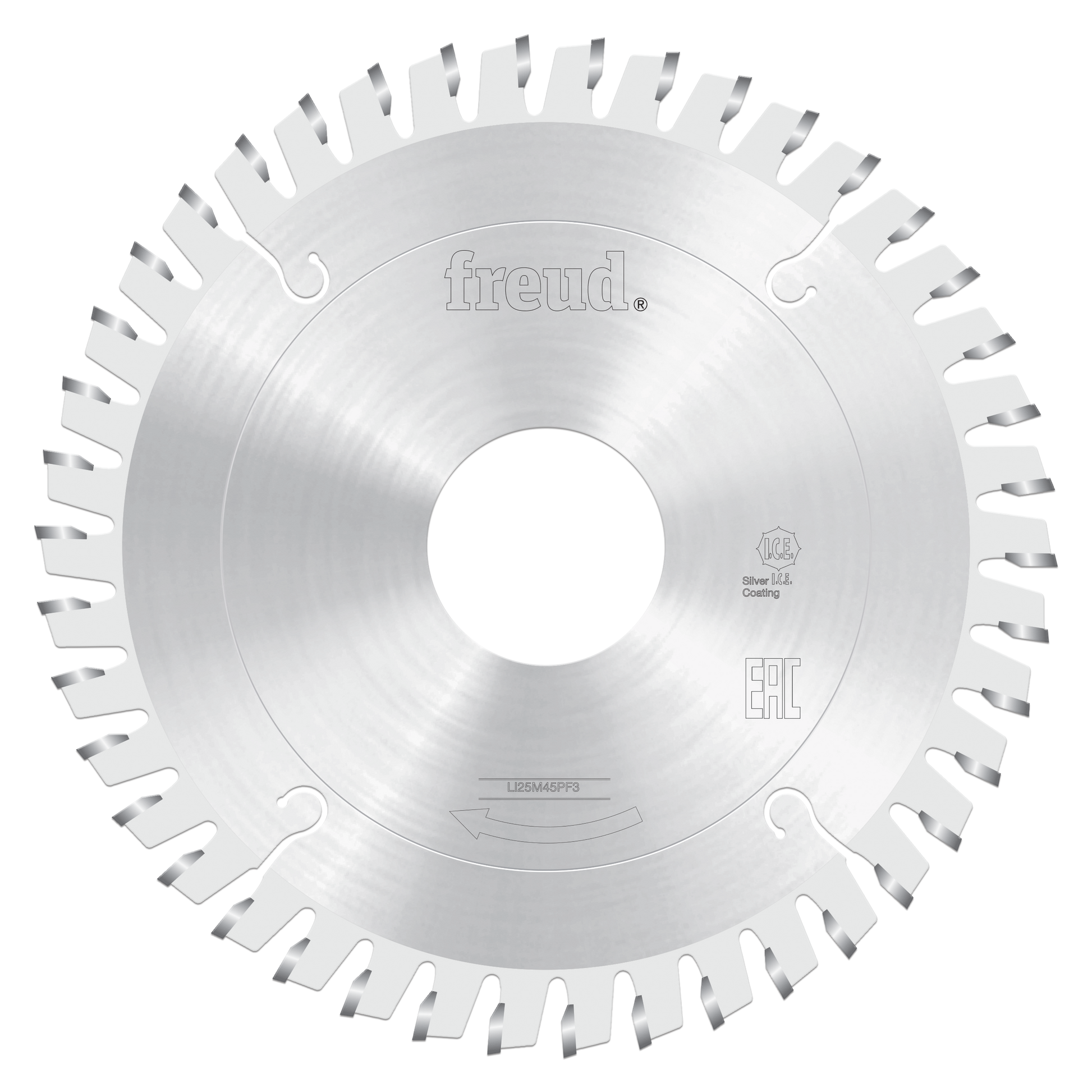 Freud 215mm conical scoring saw blade with silver ICE coating and angled teeth around the perimeter.