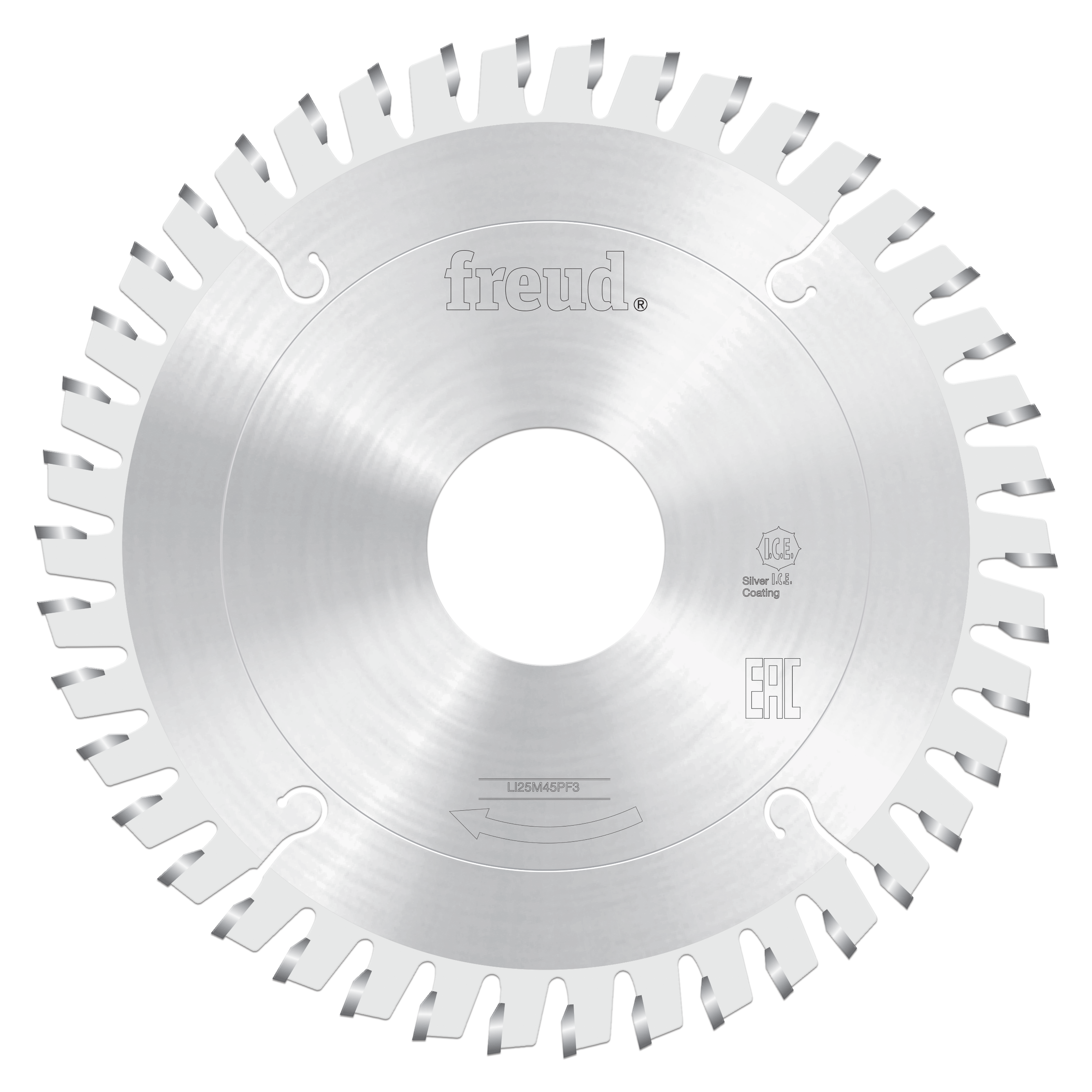 Freud 215mm conical scoring saw blade with silver ICE coating and angled teeth around the perimeter.