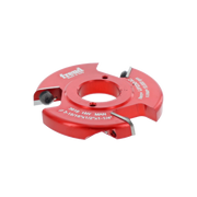 Red Freud backcutter bit with central bore hole and carbide cutting edges mounted on top and bottom sections.