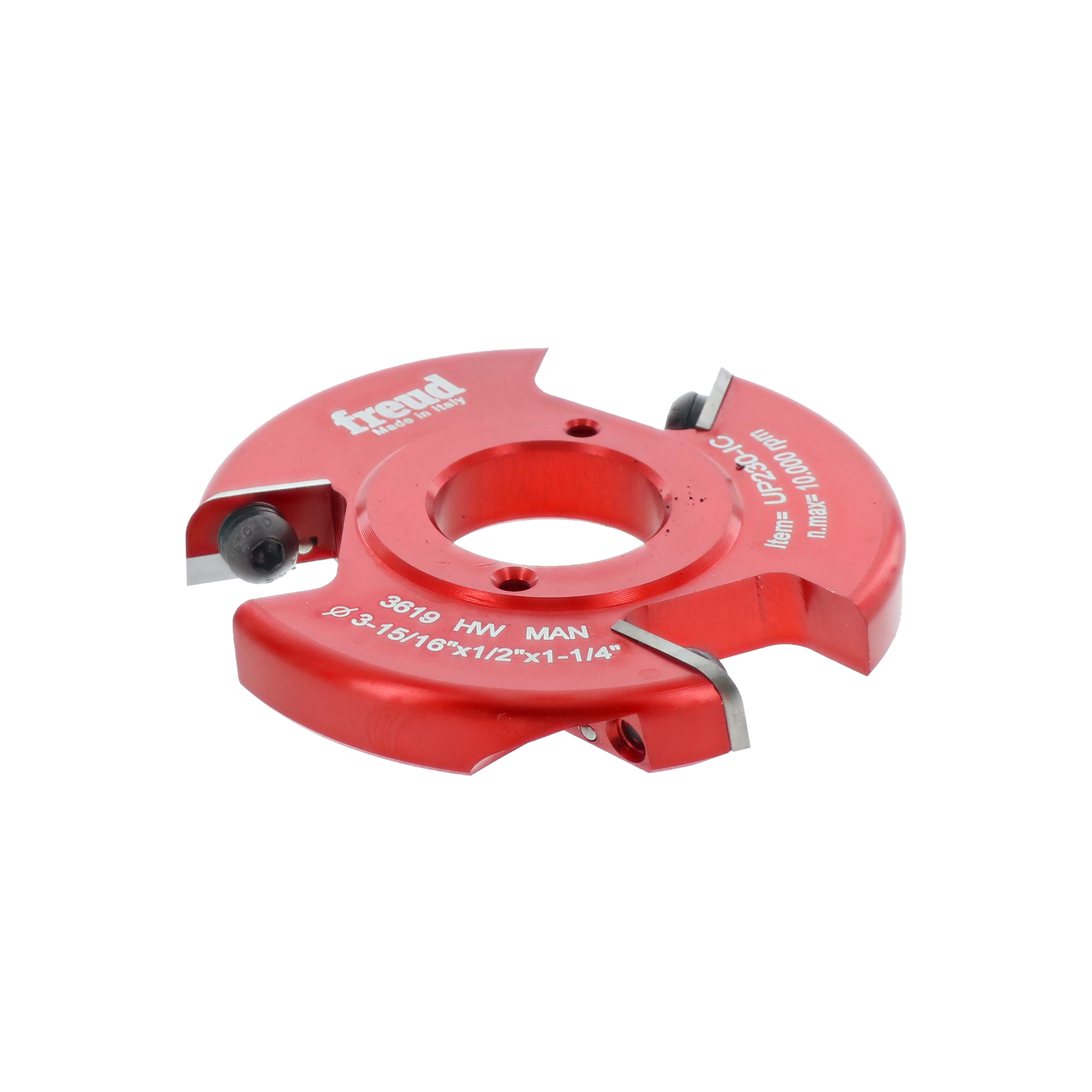 Red Freud backcutter bit with central bore hole and carbide cutting edges mounted on top and bottom sections.