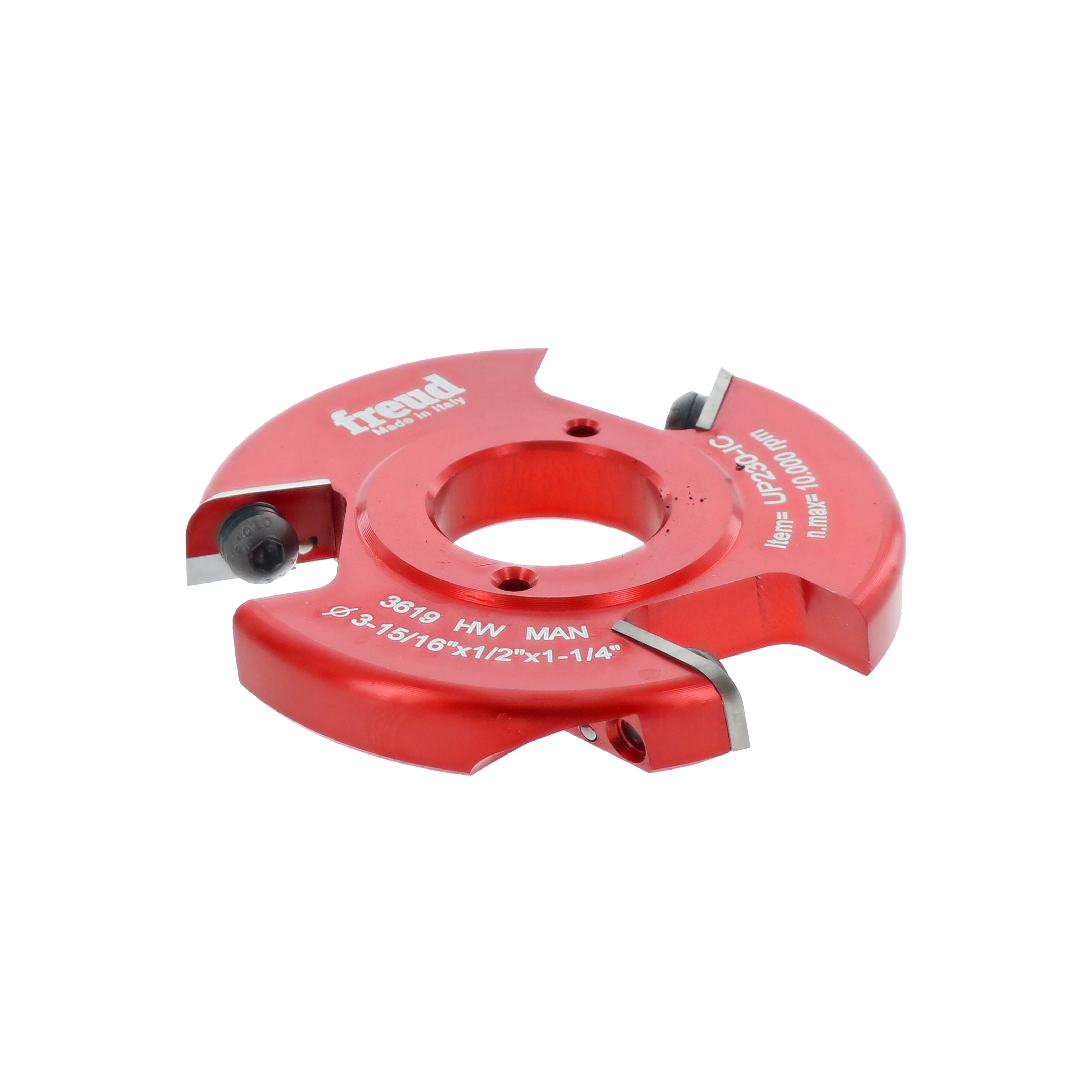 Red Freud backcutter bit with central bore hole and carbide cutting edges mounted on top and bottom sections.