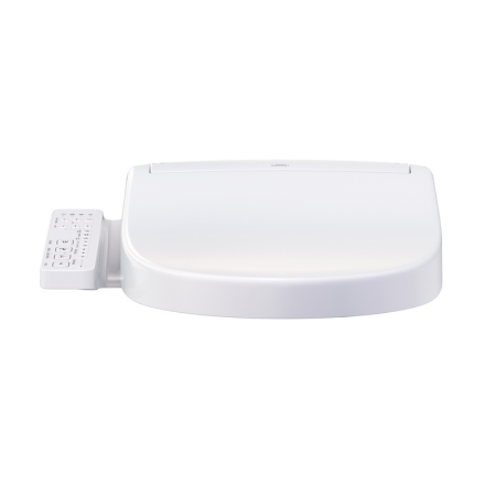 White elongated Toto S2 Washlet bidet seat with attached remote control panel on left side.