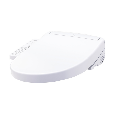 White elongated toilet seat with bidet functions and white remote control attached to the left side.