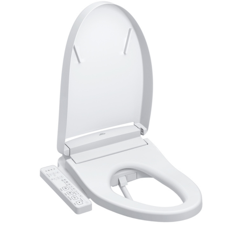 Cotton white elongated Toto S2 Washlet bidet seat with remote control and closed lid.
