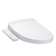 White elongated bidet toilet seat with remote control unit positioned to the left side.