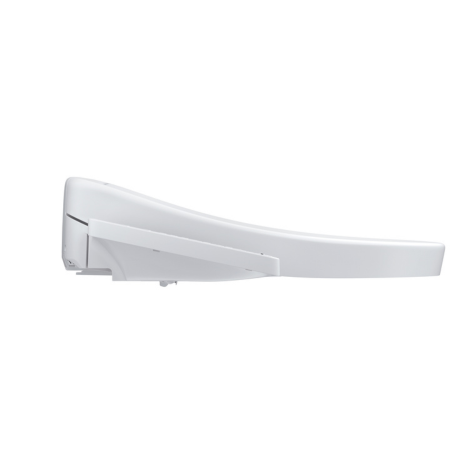 White elongated bidet toilet seat with curved design and control panel on left side.