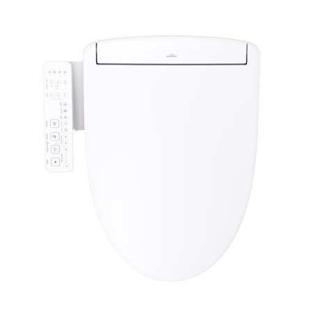 Elongated cotton white bidet toilet seat with wireless remote control attached to side.