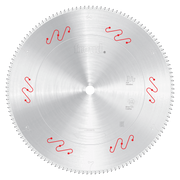 Freud 18-inch aluminum and non-ferrous metal saw blade with fine-toothed edge and red wavy markings.