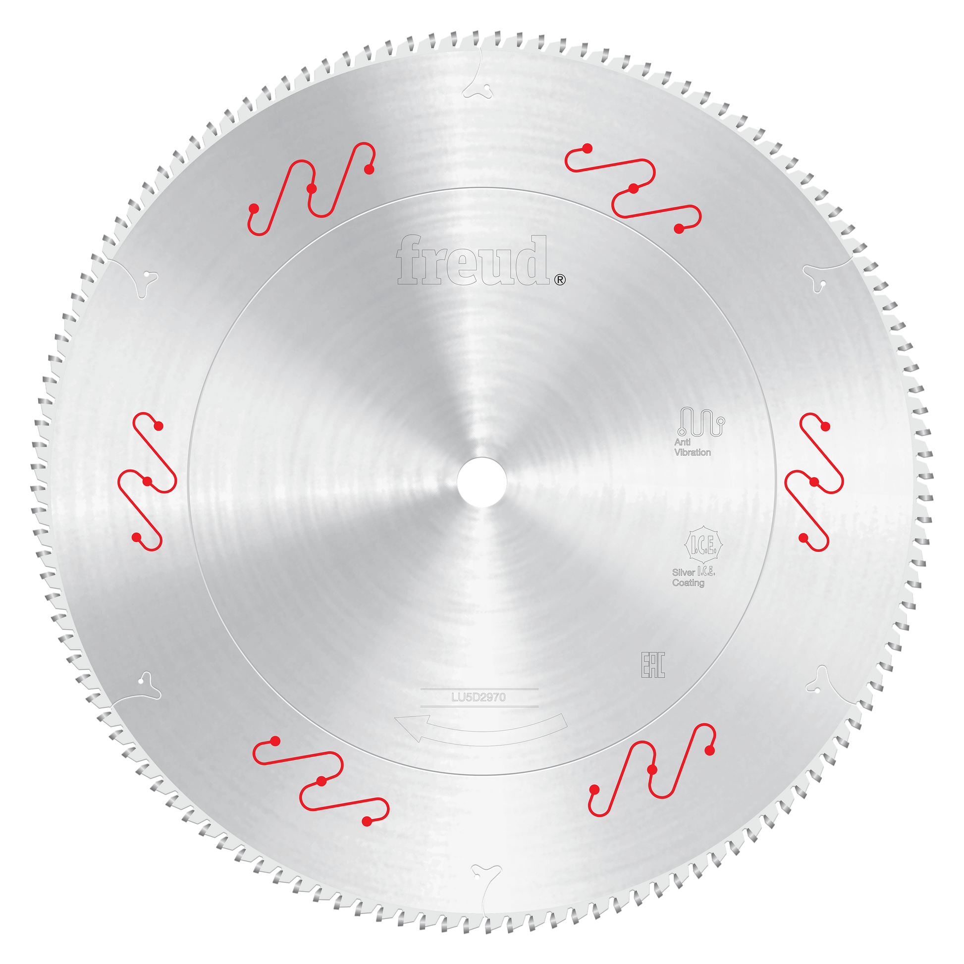 Freud 18-inch aluminum and non-ferrous metal saw blade with fine-toothed edge and red wavy markings.