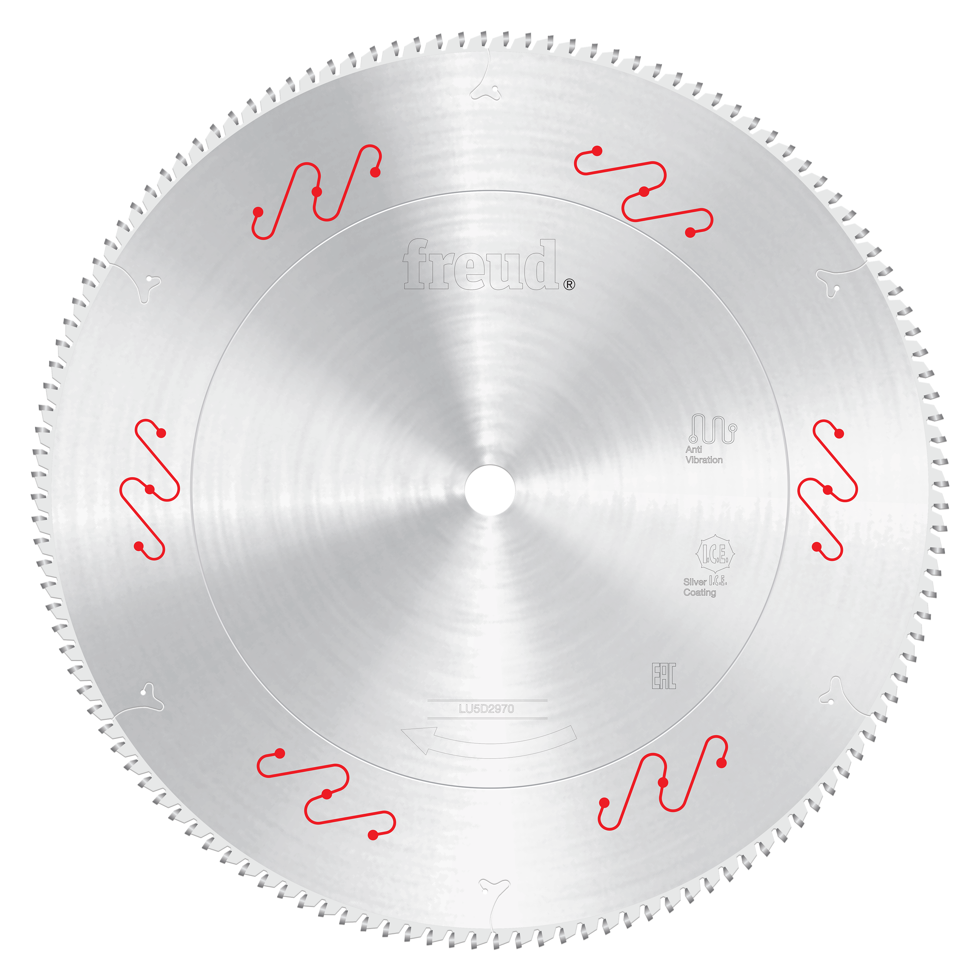 Freud 18-inch aluminum and non-ferrous metal saw blade with fine-toothed edge and red wavy markings.