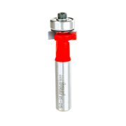Freud router bit with red cutting head, metal shank, and ball bearing collar for woodworking inlay work.