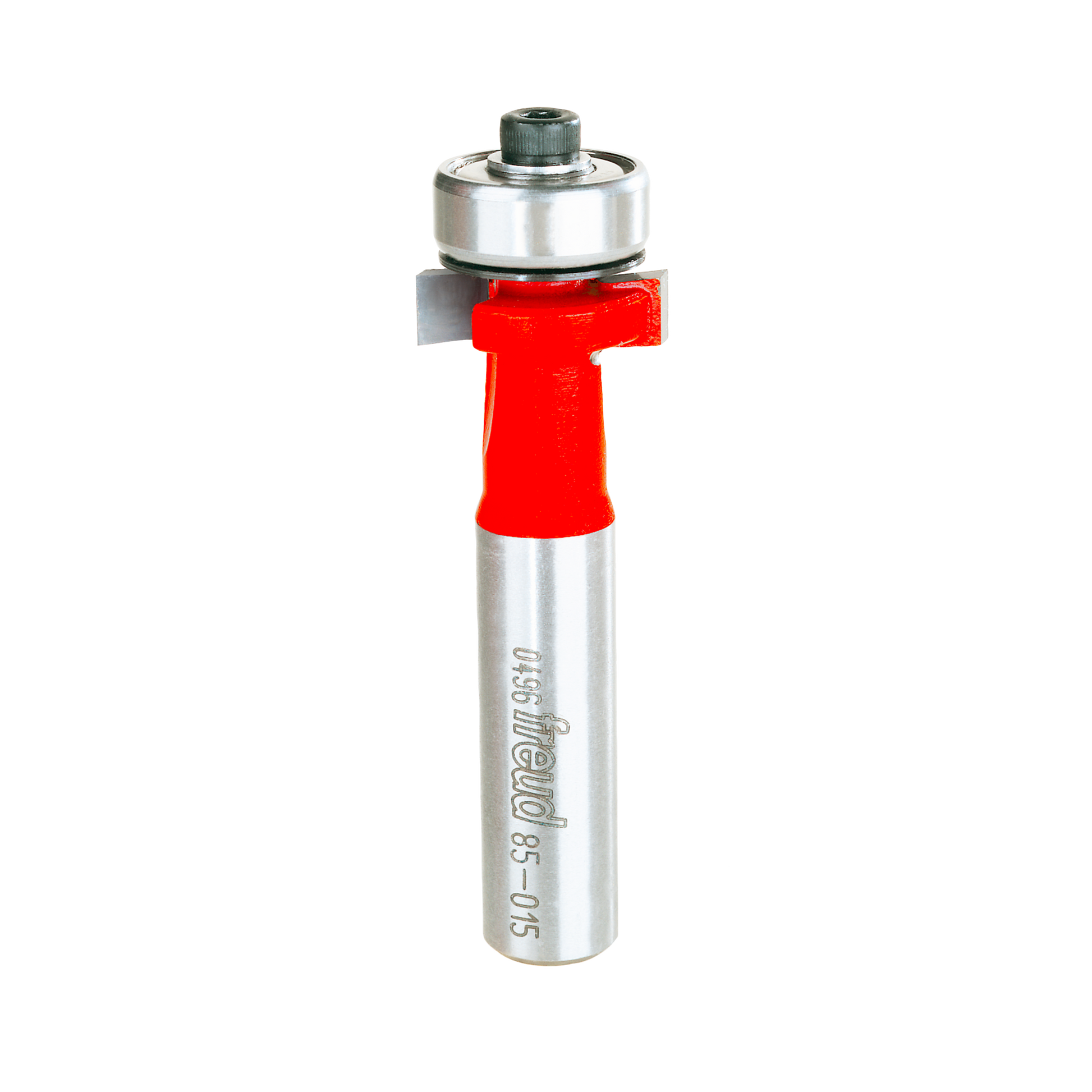 Freud router bit with red cutting head, metal shank, and ball bearing collar for woodworking inlay work.