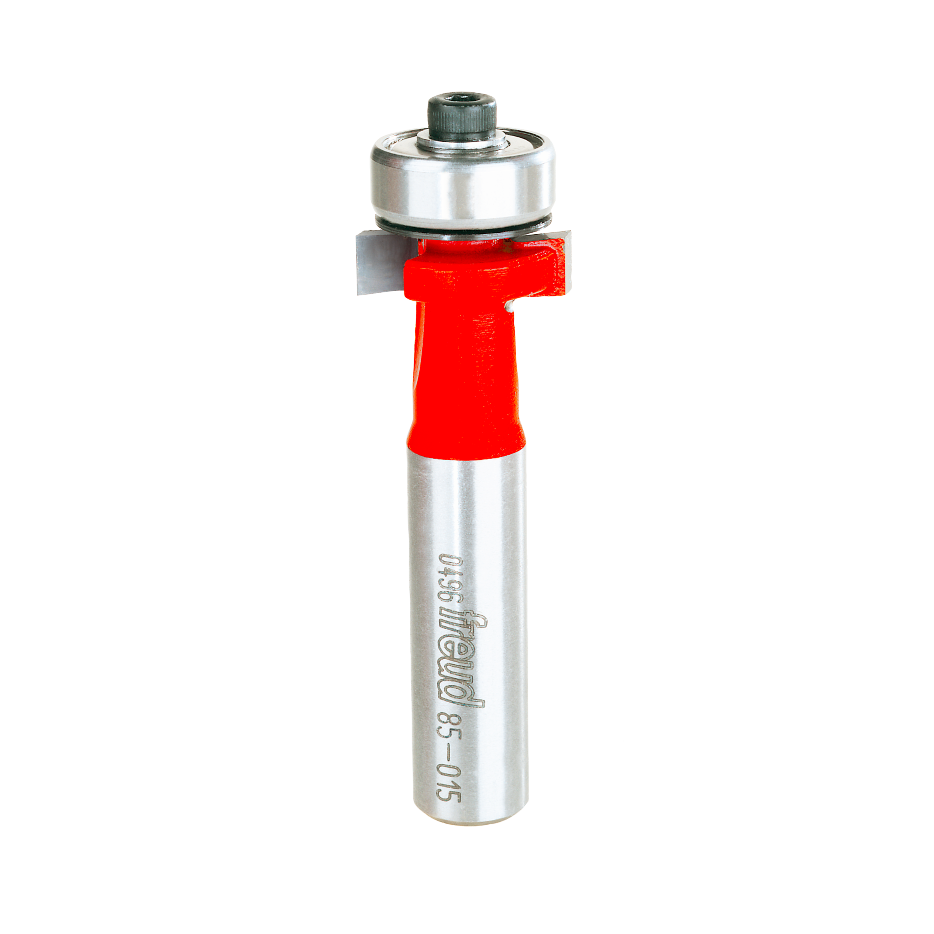 Freud router bit with red cutting head, metal shank, and ball bearing collar for woodworking inlay work.
