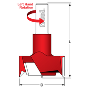 Red 15mm cylinder hinge bit with left-hand rotation arrow and Freud branding on shaft.