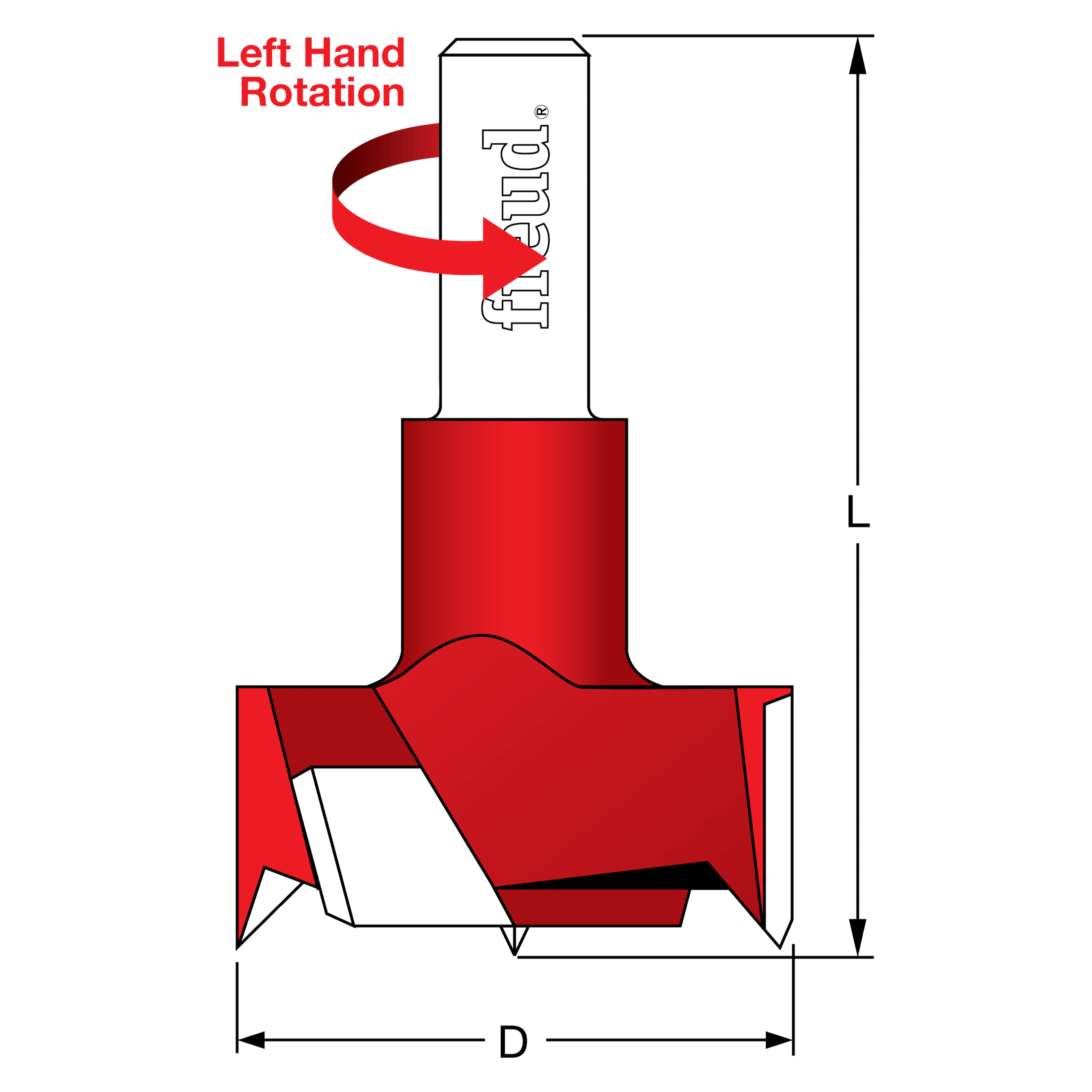 Red 35mm cylinder hinge bit with left-hand rotation, shown in side profile with cutting edges visible.
