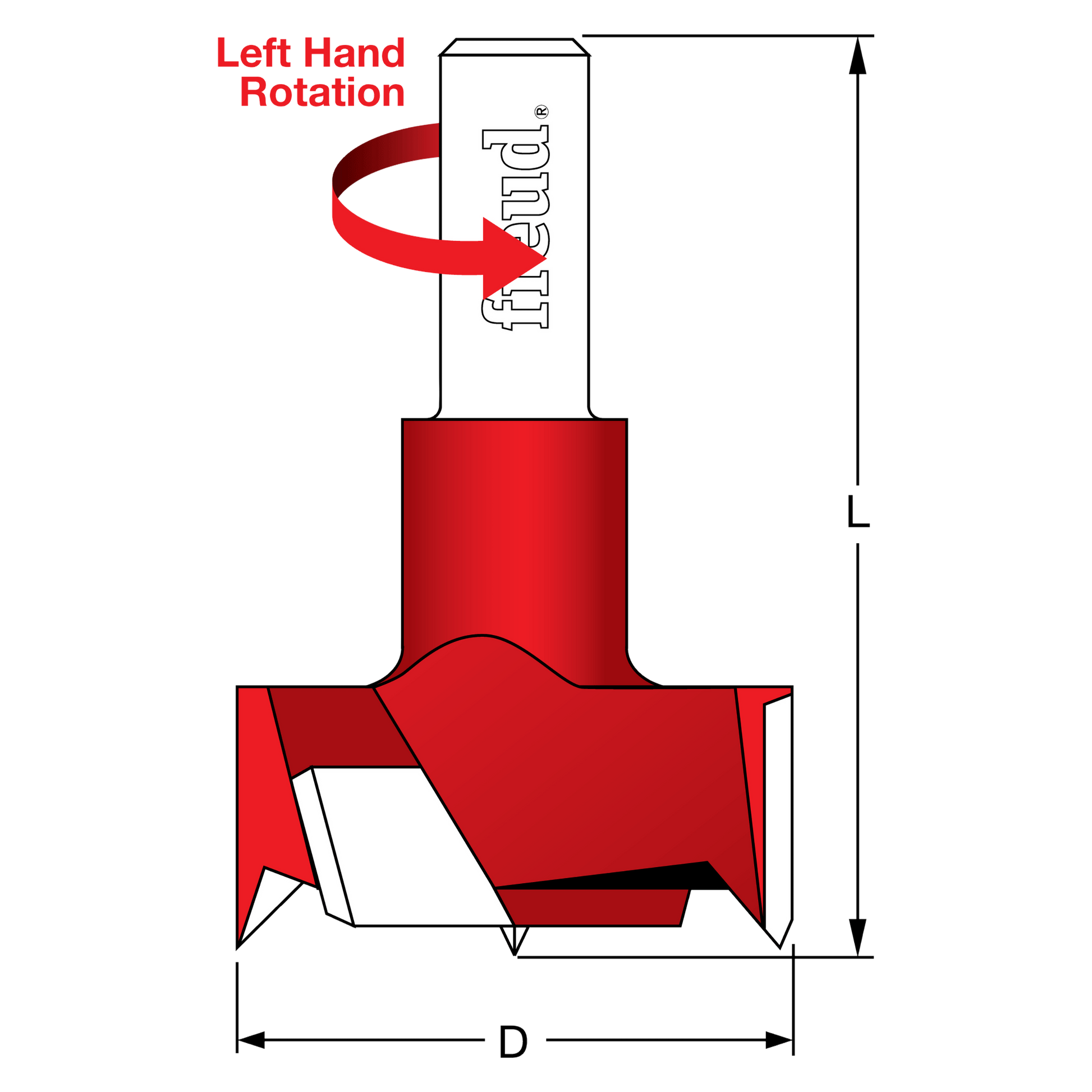 Red 32mm cylinder hinge bit with left-hand rotation and cylindrical shank, labeled with dimensions.