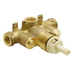 Brass thermostatic valve with 3/4" IPS connections, check stops, and white handle.