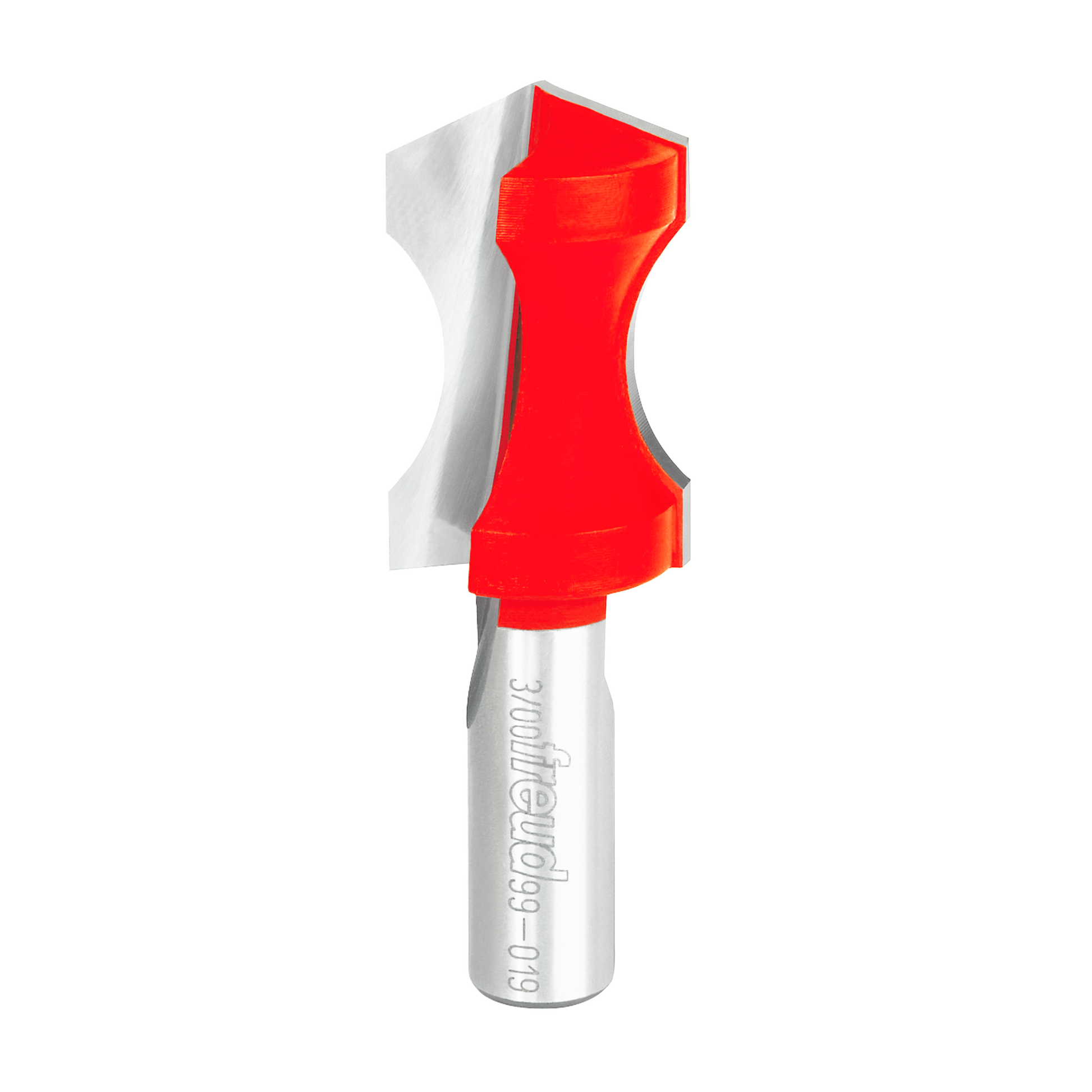 Red convex edge router bit with silver shank and Freud branding on white background.
