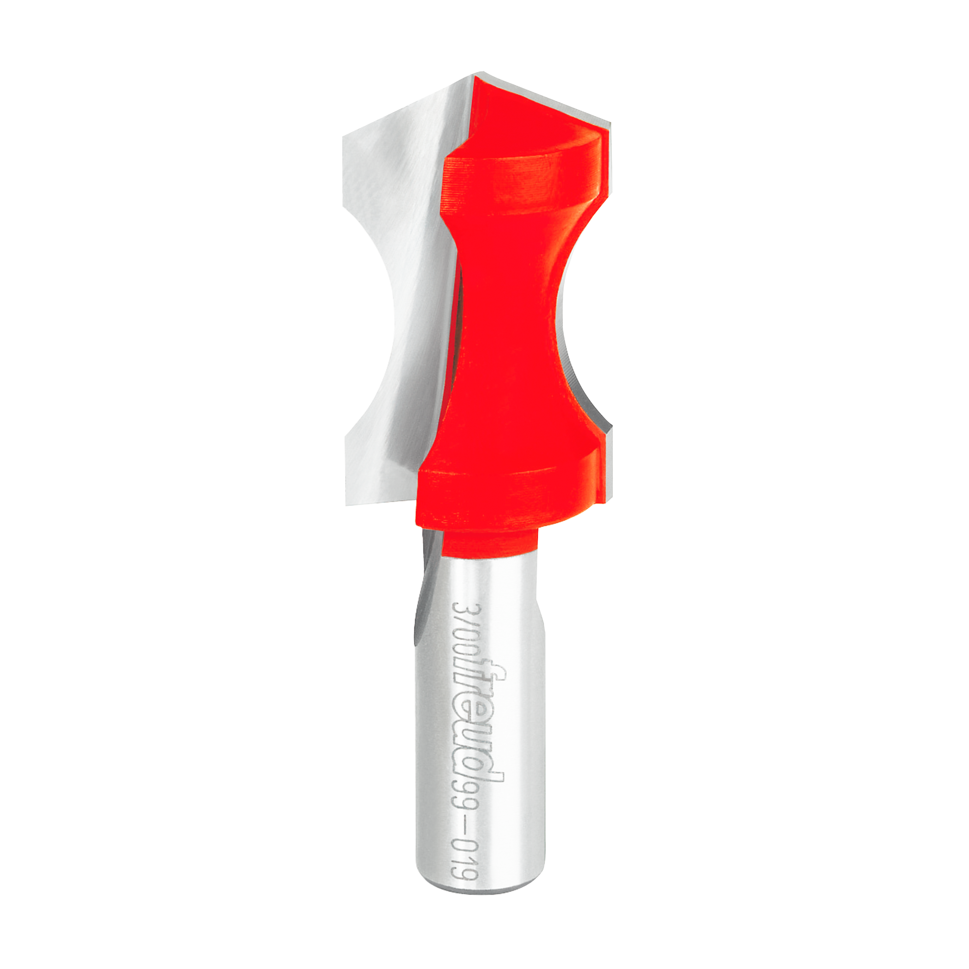 Red convex edge router bit with silver shank and Freud branding on white background.