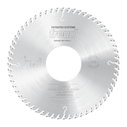 Freud LT14MSFA3 255mm circular saw blade with serrated teeth and center hole, marked "Patented Systems" and "Made in Italy".